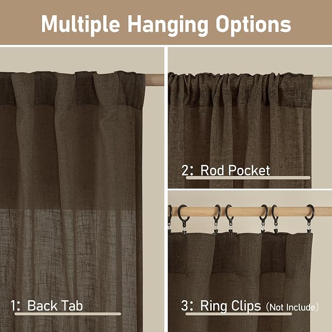 Dark Brown Linen Curtains, Light Filtering Panels, 52 x 96 Inch | Semi Sheer - Image 3