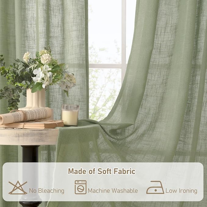Sage Green Linen Boho Curtains for Bedroom Living Room 2 Panels | 84 inch Length - Image 8