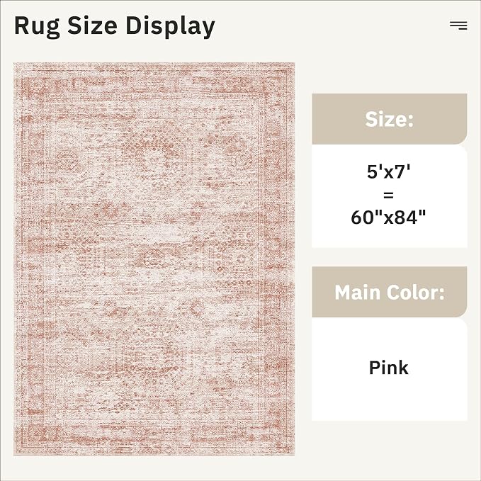 Soalmost 5x7 Area Rugs Pink Low Pile Washable Trendy Faded Style Rug | Vintage - Image 4