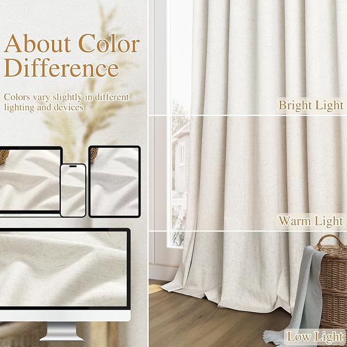 100% Blackout Linen Curtains for Bedroom 84 Inches Long Natural Cream Black Out - Image 7
