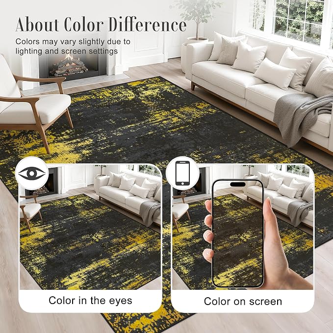 Area Rug Living Room: 3x5 Modern Washable Soft Carpet Black Gold | - Image 4