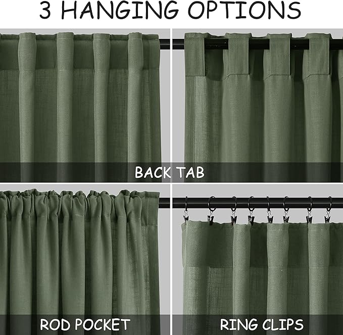 Olive Green Linen Curtains 90 Inch Length 2 Panels Set - Image 3