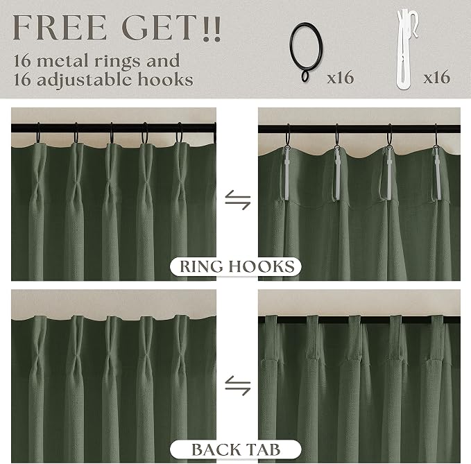 Olive Green Pinch Pleat Linen Semi Sheer Curtains 45 Inch Length 2 Panels | - Image 5