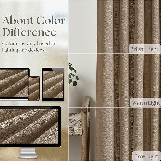 Brown 80 Inch Light Filtering Pinch Pleated Linen Curtains 2 Panels Set | Semi - Image 4