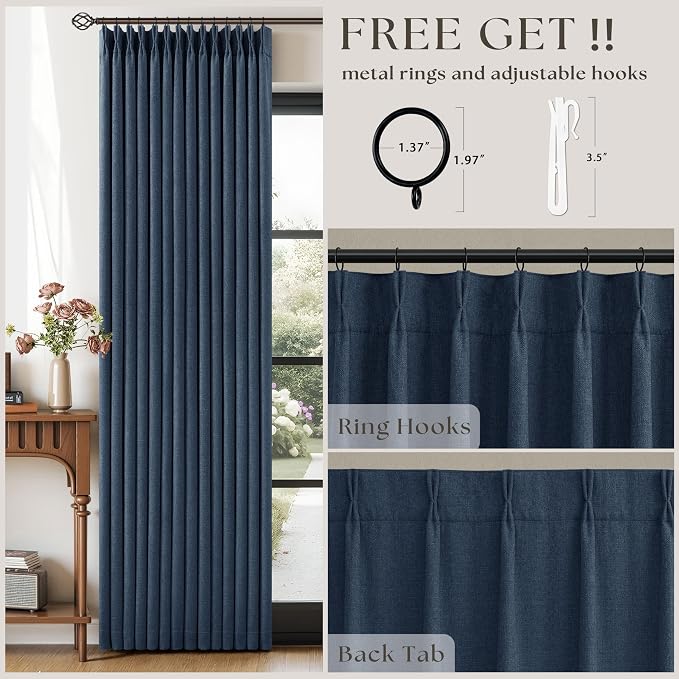 100% Black Out Pinch Pleated Linen Boho Curtains Navy Blue 80 Inch Length | - Image 3