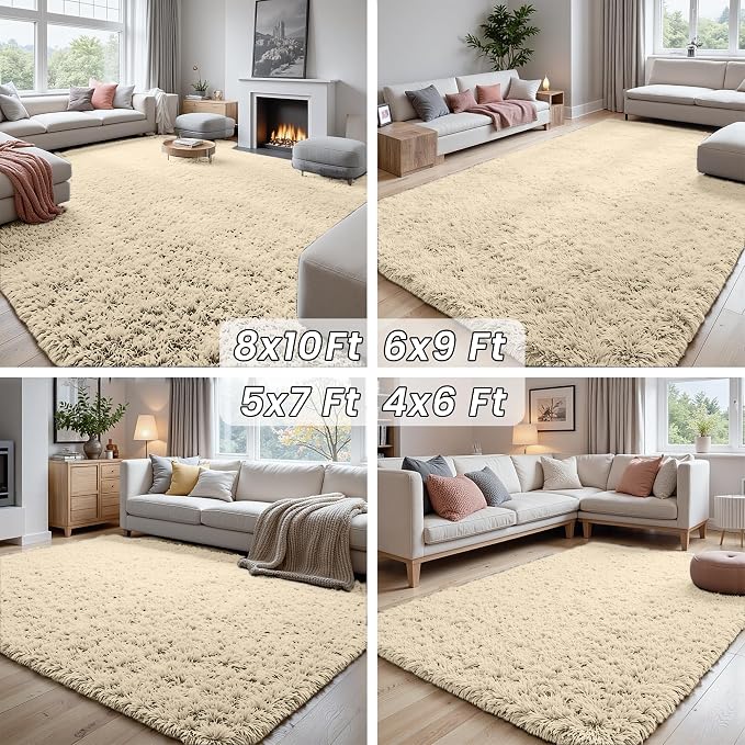 5x8 Fluffy Shag Area Rugs for Living Room Bedroom: Soft Plush Carpet Beige | - Image 7
