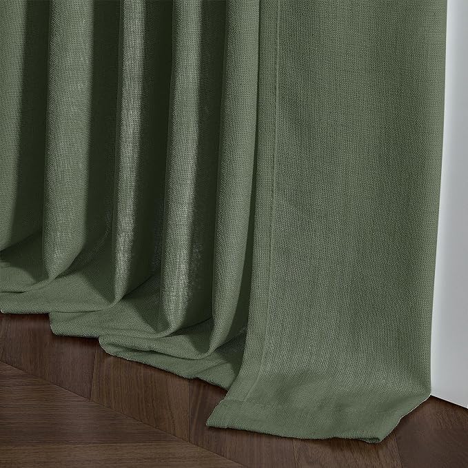 Olive Green Pinch Pleat Linen Semi Sheer Curtains 45 Inch Length 2 Panels | - Image 6