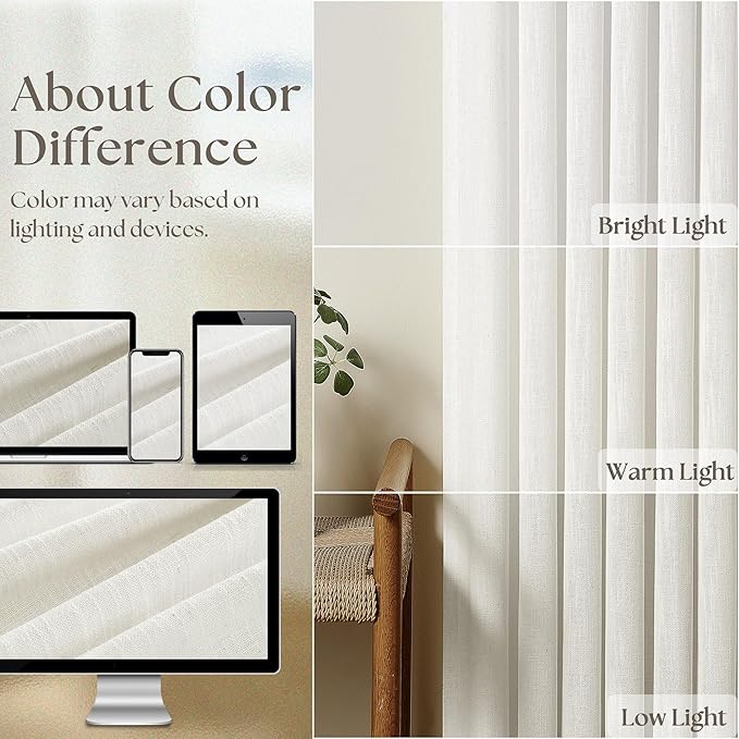 Beige White Pinch Pleated Linen Curtains 2 Panels 102 Inches Long | Thick Linen - Image 4